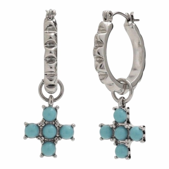 Silver Huggie Hoop Earrings Blue Cross Charm Dangle - Picture 5 of 10